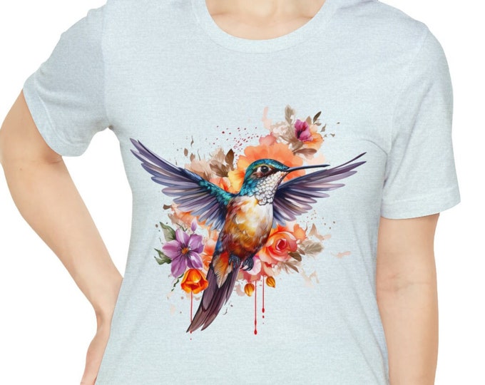 Unisex Jersey Short Sleeve Tee, Boho Hippie Floral Hummingbird T Shirt, Bohemian Apparel, Unisex Bella Canvas 3001 Cotton Tee, S-3XL