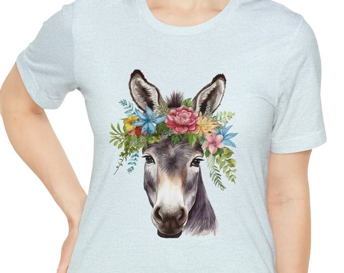 Unisex Jersey Short Sleeve Tee, Boho Hippie Farm Donkey Floral T Shirt, Bohemian Apparel, Unisex Bella Canvas 3001 Cotton Tee, S-3XL