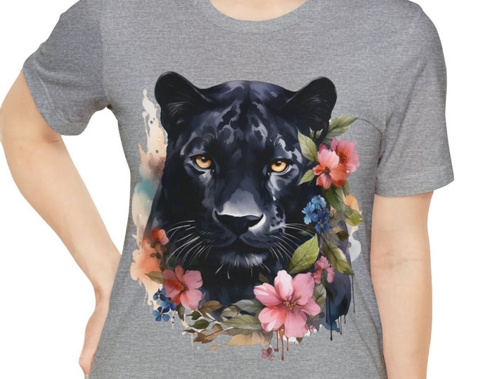 Unisex Jersey Short Sleeve Tee, Boho Black Jaguar Tee Shirt, Bohemian Apparel, Unisex Cotton Tee, S-3XL Sizes, Floral Jaguar Cat Shirt