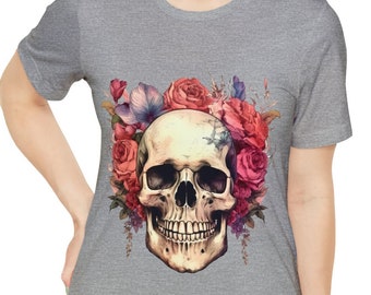 Unisex Jersey Short Sleeve Tee, Boho Hippie Floral Skull T Shirt, Bohemian Apparel, Unisex Bella Canvas 3001 Cotton Tee, S-3XL Sizes