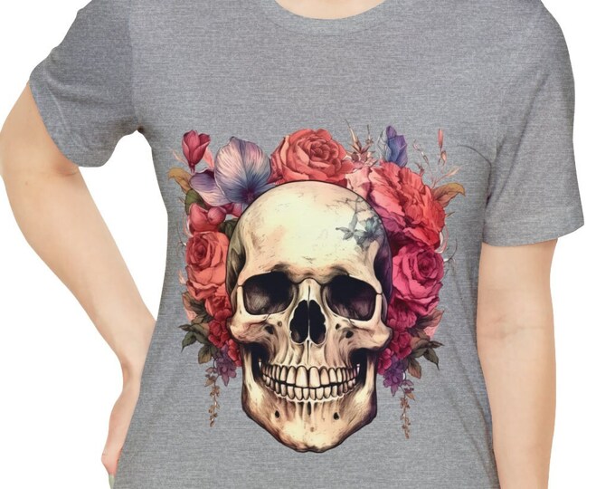 Unisex Jersey Short Sleeve Tee, Boho Hippie Floral Skull T Shirt, Bohemian Apparel, Unisex Bella Canvas 3001 Cotton Tee, S-3XL Sizes