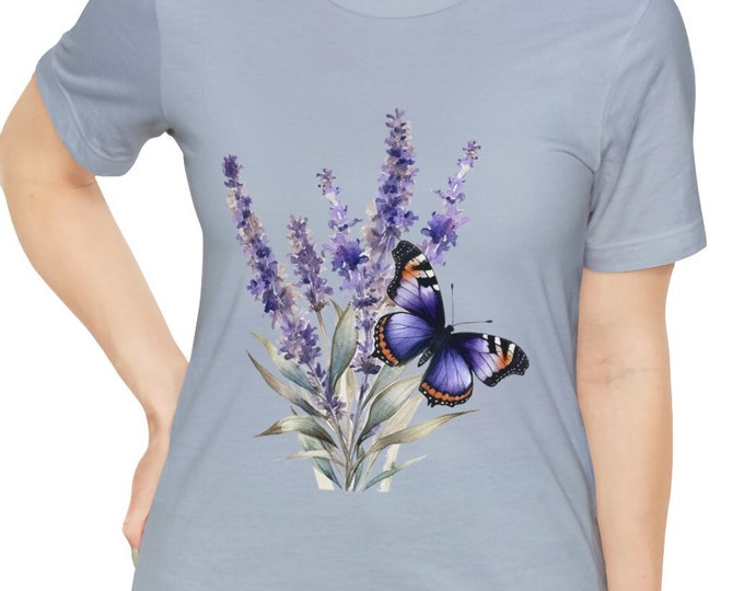 Unisex Jersey Short Sleeve Tee, Boho Hippie Lavender Butterfly T Shirt, Bohemian Apparel, Unisex Bella Canvas 3001 Cotton Tee, S-3XL Sizes