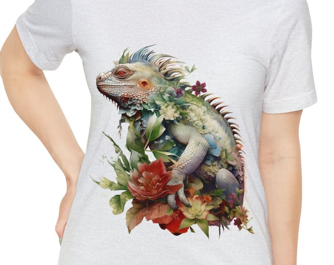 Unisex Jersey Short Sleeve Tee, Boho Hippie Floral Iguana T Shirt, Bohemian Apparel, Unisex Bella Canvas 3001 Cotton Tee, S-3XL Sizes