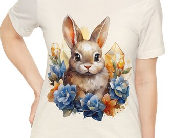 Unisex Jersey Short Sleeve Tee, Boho Bejeweled Rabbit Tee Shirt, Bohemian Apparel, Unisex Cotton Tee, S-3XL Sizes, Crystal Floral Bunny Tee