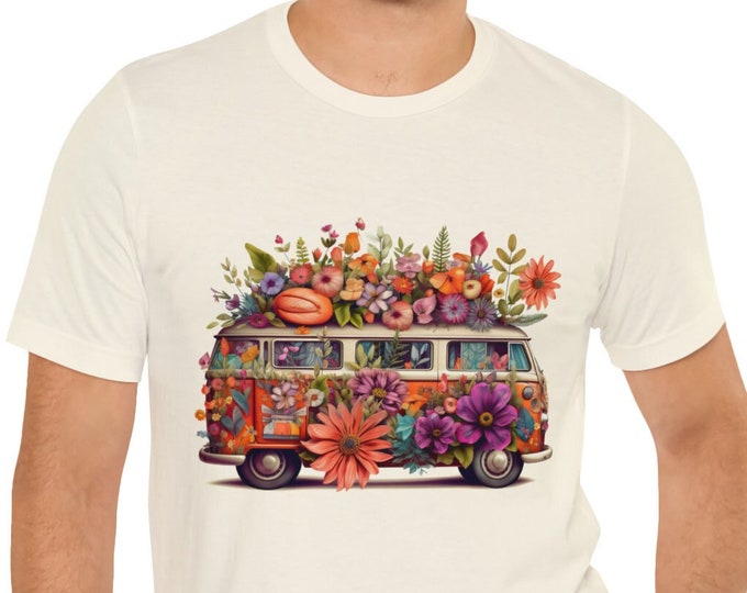 Unisex Jersey Short Sleeve Tee, Boho Hippie Van Bus Floral T Shirt, Bohemian Apparel, Unisex Bella Canvas 3001 Cotton Tee, S-3XL Sizes