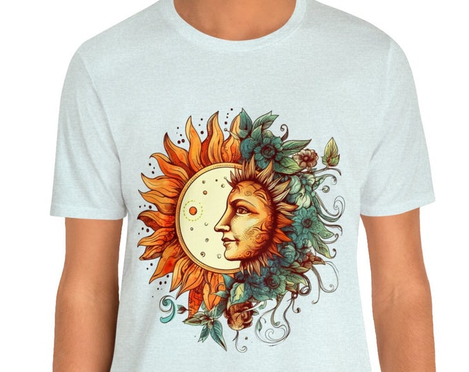 Unisex Jersey Short Sleeve Tee, Boho Celestial Sun Moon Floral T Shirt, Bohemian Apparel, Unisex Bella Canvas 3001 Cotton Tee, S-3XL Sizes