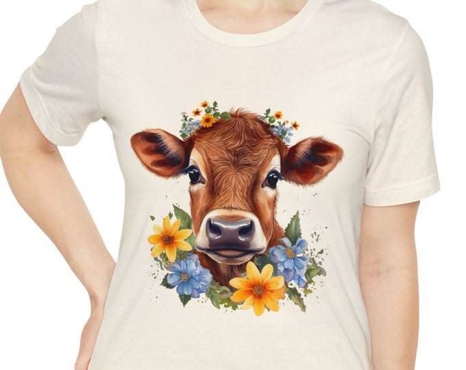 Unisex Jersey Short Sleeve Tee, Boho Hippie Baby Cow Floral T Shirt, Bohemian Apparel, Unisex Bella Canvas 3001 Cotton Tee, S-3XL Sizes