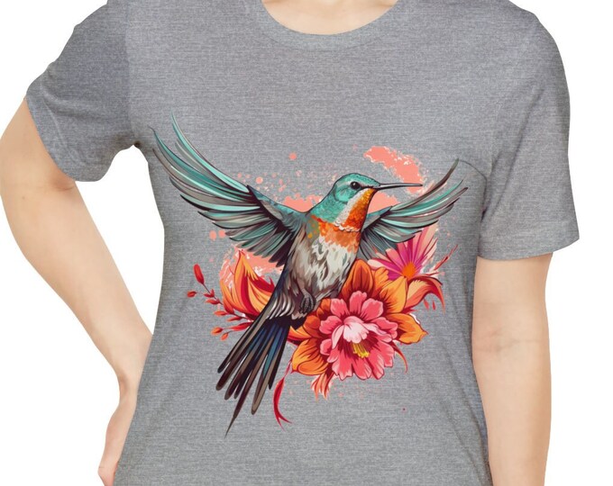 Unisex Jersey Short Sleeve Tee, Boho Hippie Floral Hummingbird T Shirt, Bohemian Apparel, Unisex Bella Canvas 3001 Cotton Tee, S-3XL Sizes