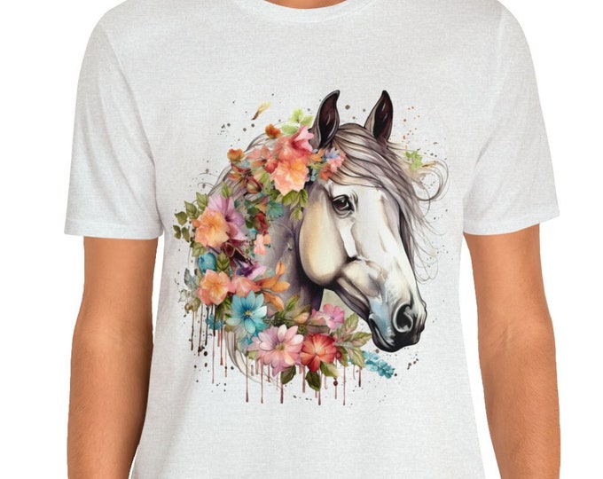 Unisex Jersey Short Sleeve Tee, Boho Hippie Farm Horse Floral T Shirt, Bohemian Apparel, Unisex Bella Canvas 3001 Cotton Tee, S-3XL Sizes