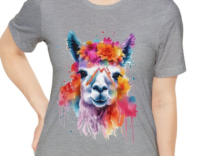 Unisex Jersey Short Sleeve Tee, Boho Hippie Floral Llama T Shirt, Bohemian Apparel, Unisex Bella Canvas 3001 Cotton Tee, S-3XL Sizes