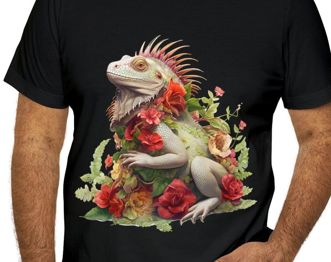 Unisex Jersey Short Sleeve Tee, Boho Hippie Floral Iguana T Shirt, Bohemian Apparel, Unisex Bella Canvas 3001 Cotton Tee, S-3XL Sizes