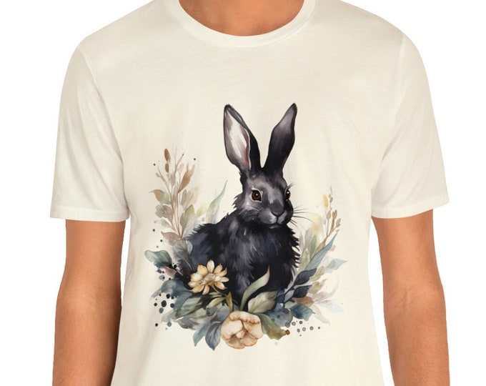 Unisex Jersey Short Sleeve Tee, Boho Hippie Floral Black Bunny T Shirt, Bohemian Apparel, Unisex Bella Canvas 3001 Cotton Tee, S-3XL Sizes