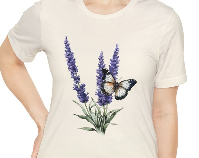 Unisex Jersey Short Sleeve Tee, Boho Hippie Lavender Butterfly T Shirt, Bohemian Apparel, Unisex Bella Canvas 3001 Cotton Tee, S-3XL Sizes