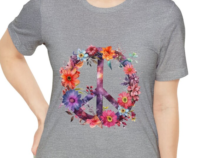 Unisex Jersey Short Sleeve Tee, Boho Hippie Floral Peace Sign T Shirt, Bohemian Apparel, Unisex Bella Canvas 3001 Cotton Tee, S-3XL Sizes