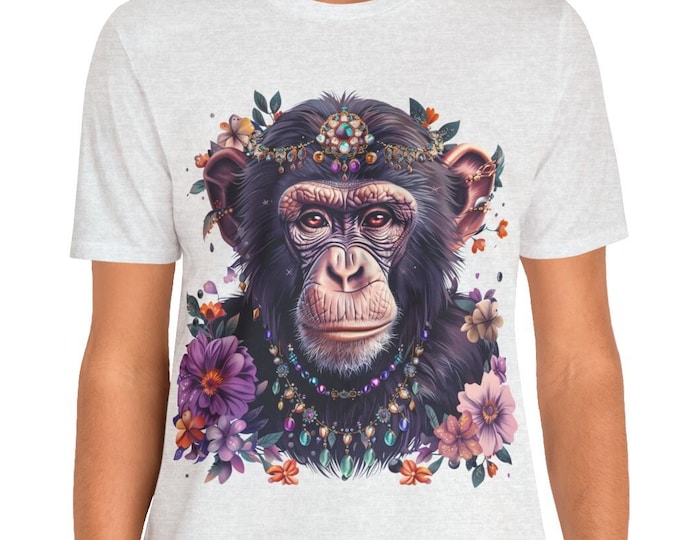 Unisex Jersey Short Sleeve Tee, Boho Hippie Witchy Monkey Floral T Shirt, Bohemian Apparel, Unisex Bella Canvas 3001 Cotton Tee, S-3XL Sizes