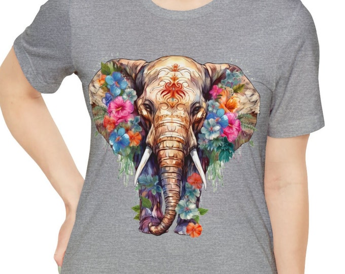 Unisex Jersey Short Sleeve Tee, Boho Hippie Elephant Floral T Shirt, Bohemian Apparel, Unisex Bella Canvas 3001 Cotton Tee, S-3XL Sizes