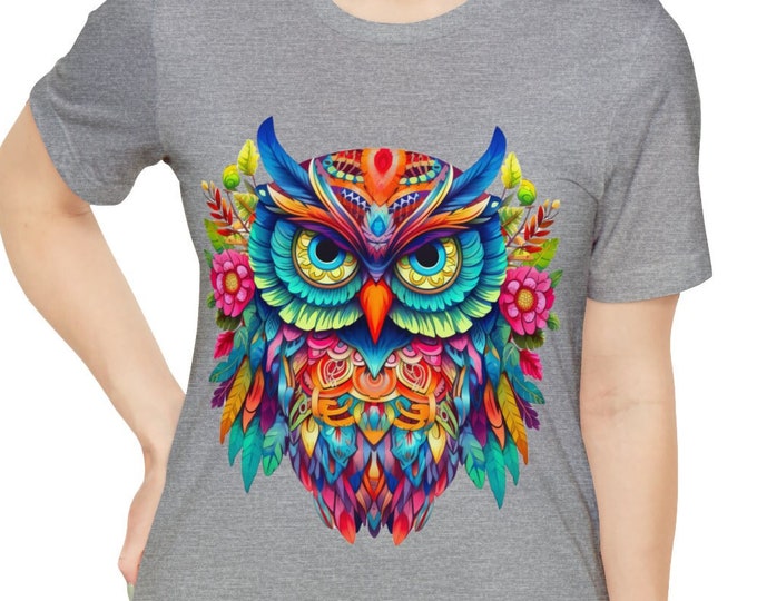 Unisex Jersey Short Sleeve Tee, Boho Hippie Animal Owl T Shirt, Bohemian Apparel, Unisex Bella Canvas 3001 Cotton Tee, S-3XL Sizes