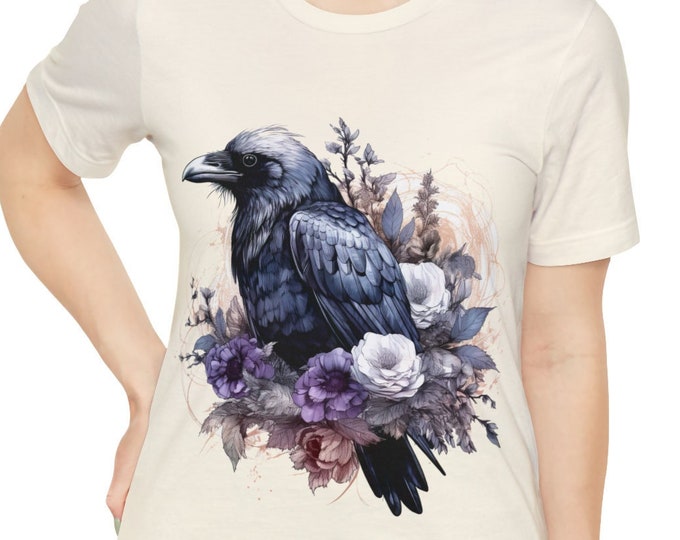 Unisex Jersey Short Sleeve Tee, Boho Hippie Floral Raven T Shirt, Bohemian Apparel, Unisex Bella Canvas 3001 Cotton Tee, S-3XL, Raven Shirt