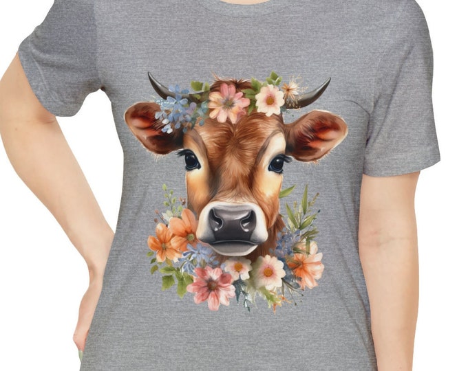 Unisex Jersey Short Sleeve Tee, Boho Hippie Baby Cow Floral T Shirt, Bohemian Apparel, Unisex Bella Canvas 3001 Cotton Tee, S-3XL Sizes