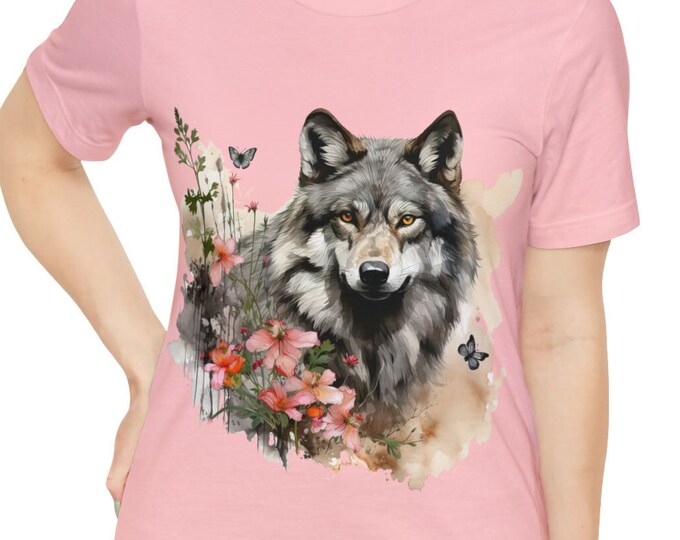 Unisex Jersey Short Sleeve Tee, Boho Floral Grey Wolf Tee Shirt, Bohemian Apparel, Unisex Cotton Tee, S-3XL Sizes, Floral Wolf Shirt