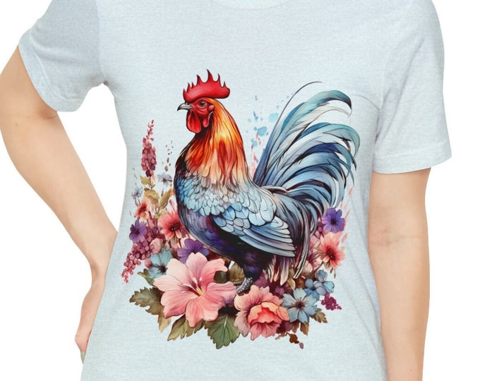Unisex Jersey Short Sleeve Tee, Boho Hippie Farm Animal Rooster Floral T Shirt, Bohemian Apparel, Unisex Bella Canvas 3001 Cotton Tee, S-3XL