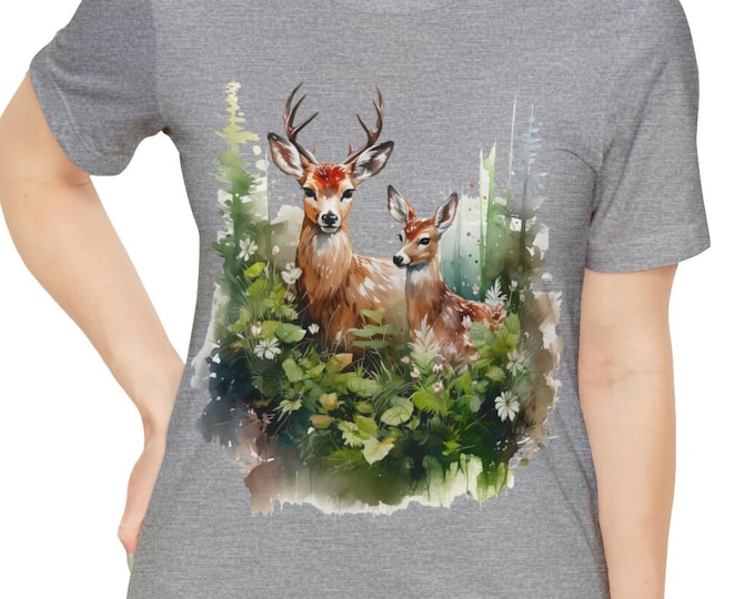 Unisex Jersey Short Sleeve Tee, Boho Woodland Deer Tee Shirt, Bohemian Apparel, Unisex Cotton Tee, S-3XL Sizes, Forest Deer Animal Shirt