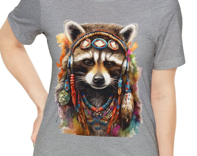 Unisex Jersey Short Sleeve Tee, Boho Hippie Racoon Tee Shirt, Bohemian Apparel, Unisex Cotton Tee, S-3XL Sizes, Animal Shirt