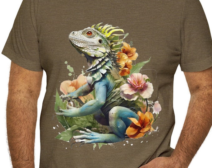 Unisex Jersey Short Sleeve Tee, Boho Hippie Floral Iguana T Shirt, Bohemian Apparel, Unisex Bella Canvas 3001 Cotton Tee, S-3XL Sizes