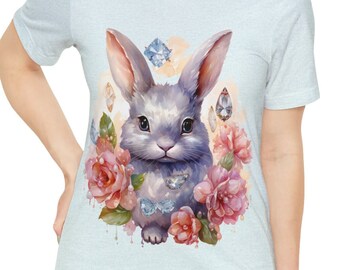 Unisex Jersey Short Sleeve Tee, Boho Floral Rabbit Tee Shirt, Bohemian Apparel, Unisex Cotton Tee, S-3XL Sizes, Crystal Bunny Shirt