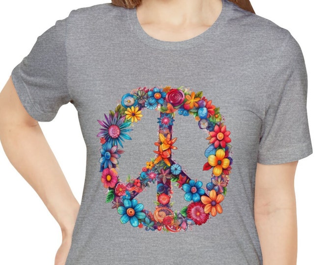 Unisex Jersey Short Sleeve Tee, Boho Hippie Floral Peace Sign T Shirt, Bohemian Apparel, Unisex Bella Canvas 3001 Cotton Tee, S-3XL Sizes