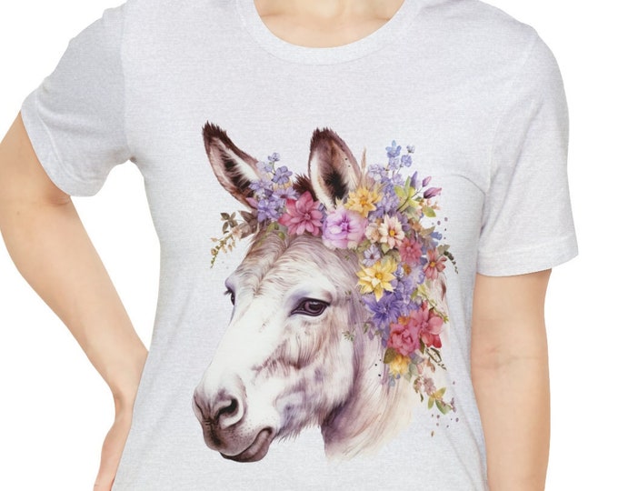 Unisex Jersey Short Sleeve Tee, Boho Hippie Farm Donkey Floral T Shirt, Bohemian Apparel, Unisex Bella Canvas 3001 Cotton Tee, S-3XL Sizes