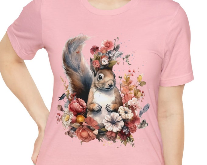 Unisex Jersey Short Sleeve Tee, Boho Hippie Cute Squirrel Floral T Shirt, Bohemian Apparel, Unisex Bella Canvas 3001 Cotton Tee, S-3XL Sizes