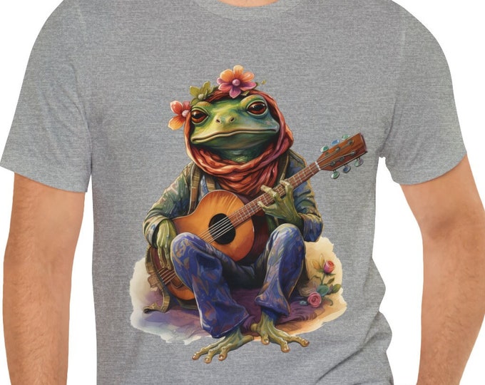 Unisex Jersey Short Sleeve Tee, Boho Hippie Frog Playing Guitar Tee Shirt, Bohemian Apparel, Unisex Cotton Tee, S-3XL Sizes, Animal Shirt