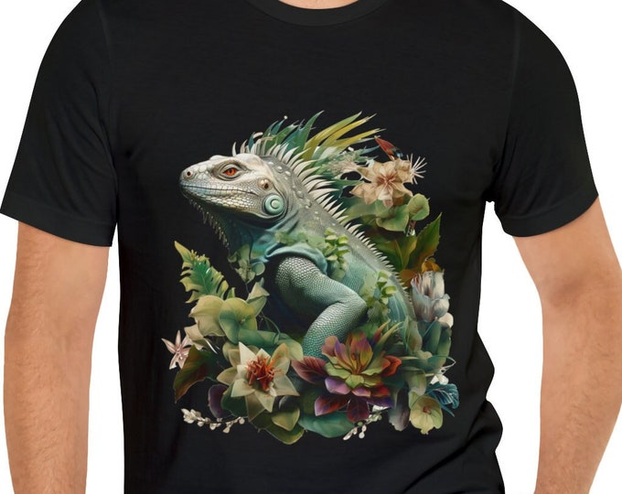 Unisex Jersey Short Sleeve Tee, Boho Hippie Floral Iguana T Shirt, Bohemian Apparel, Unisex Bella Canvas 3001 Cotton Tee, S-3XL Sizes