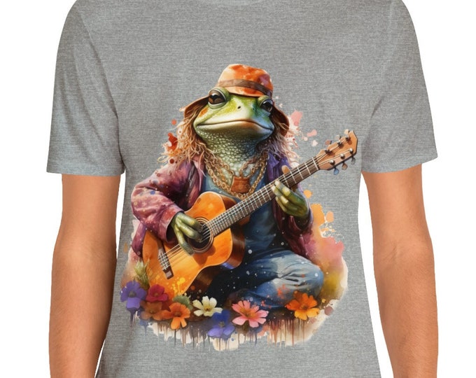 Unisex Jersey Short Sleeve Tee, Boho Hippie Frog Playing Guitar Tee Shirt, Bohemian Apparel, Unisex Cotton Tee, S-3XL Sizes, Animal Shirt