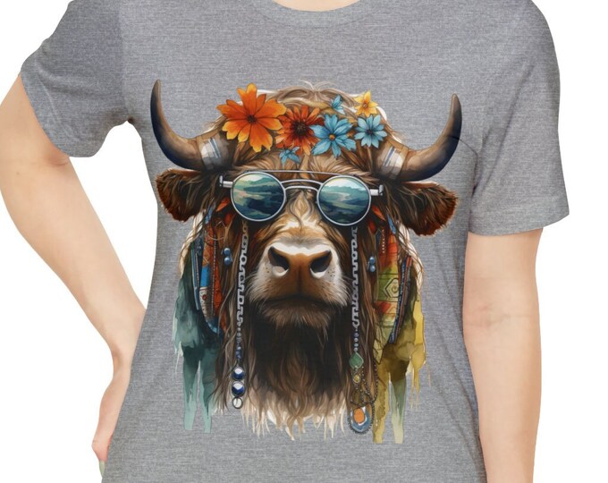 Unisex Jersey Short Sleeve Tee, Boho Hippie Bison Buffalo Tee Shirt, Bohemian Apparel, Unisex Cotton Tee, S-3XL Sizes, Animal Shirt