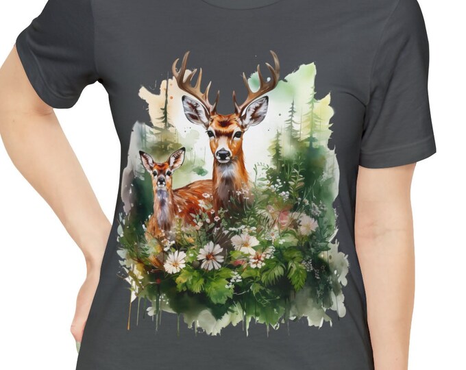 Unisex Jersey Short Sleeve Tee, Boho Woodland Deer Tee Shirt, Bohemian Apparel, Unisex Cotton Tee, S-3XL Sizes, Deer Animal Shirt