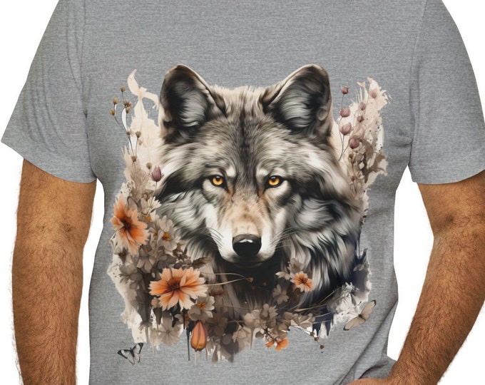 Unisex Jersey Short Sleeve Tee, Boho Floral Grey Wolf Tee Shirt, Bohemian Apparel, Unisex Cotton Tee, S-3XL Sizes, Floral Wolf Shirt