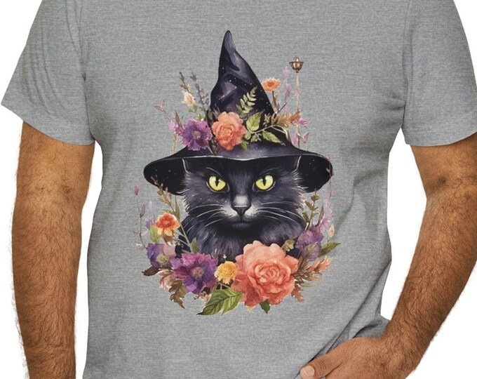 Unisex Jersey Short Sleeve Tee, Boho Hippie Witchy Black Cat T Shirt, Bohemian Apparel, Unisex Bella Canvas 3001 Cotton Tee, S-3XL Sizes