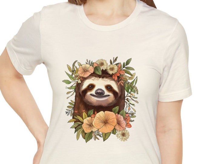Unisex Jersey Short Sleeve Tee, Boho Hippie Cute Sloth Floral T Shirt, Bohemian Apparel, Unisex Bella Canvas 3001 Cotton Tee, S-3XL Sizes