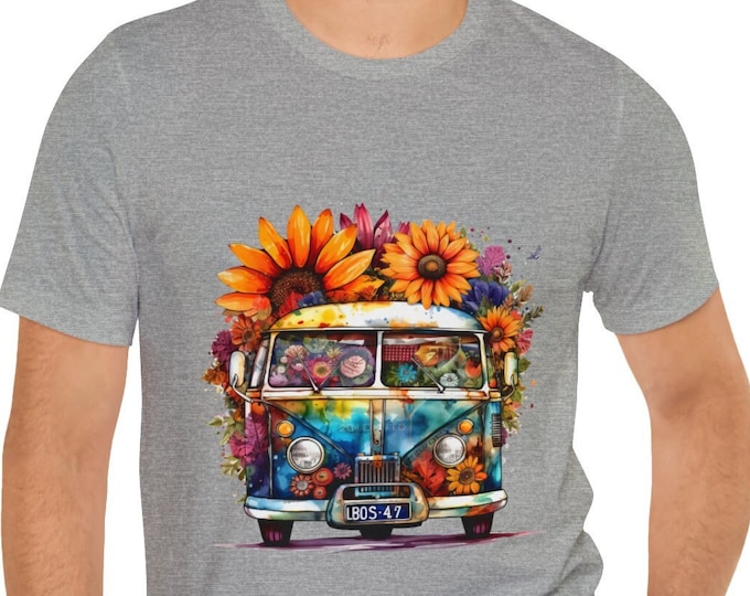 Unisex Jersey Short Sleeve Tee, Boho Hippie Bus Tee Shirt, Bohemian Apparel, Unisex Bella Canvas Cotton Tee, S-3XL Sizes, Floral Bus Shirt