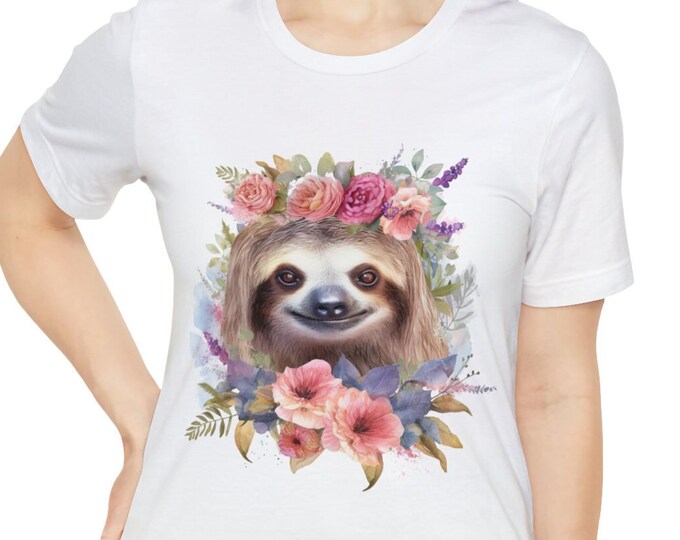 Unisex Jersey Short Sleeve Tee, Boho Hippie Cute Sloth Floral T Shirt, Bohemian Apparel, Unisex Bella Canvas 3001 Cotton Tee, S-3XL Sizes