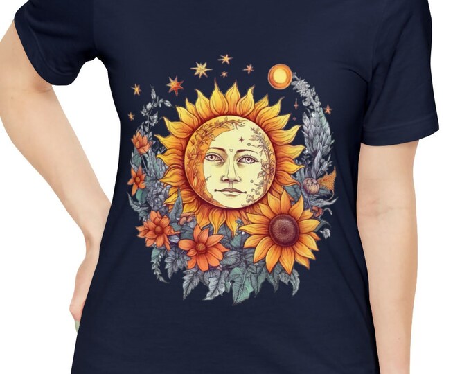 Unisex Jersey Short Sleeve Tee, Boho Hippie Celestial Sun Moon T Shirt, Bohemian Apparel, Unisex Bella Canvas 3001 Cotton Tee, S-3XL Sizes