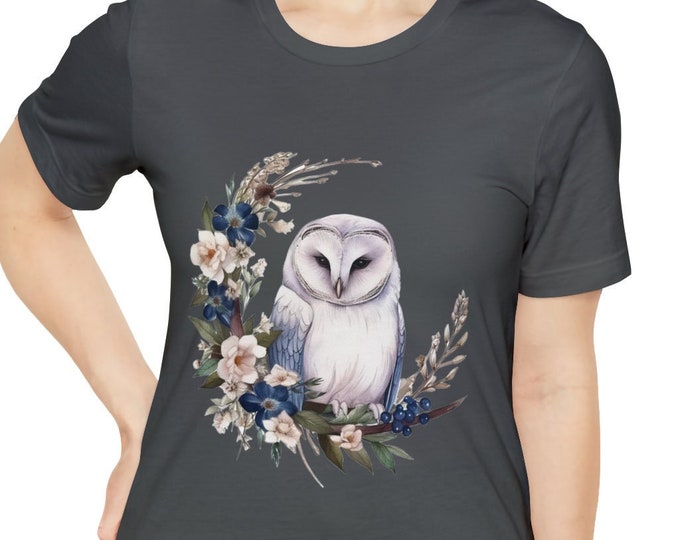 Unisex Jersey Short Sleeve Tee, Boho Hippie White Owl Floral T Shirt, Bohemian Apparel, Unisex Bella Canvas 3001 Cotton Tee, S-3XL Sizes