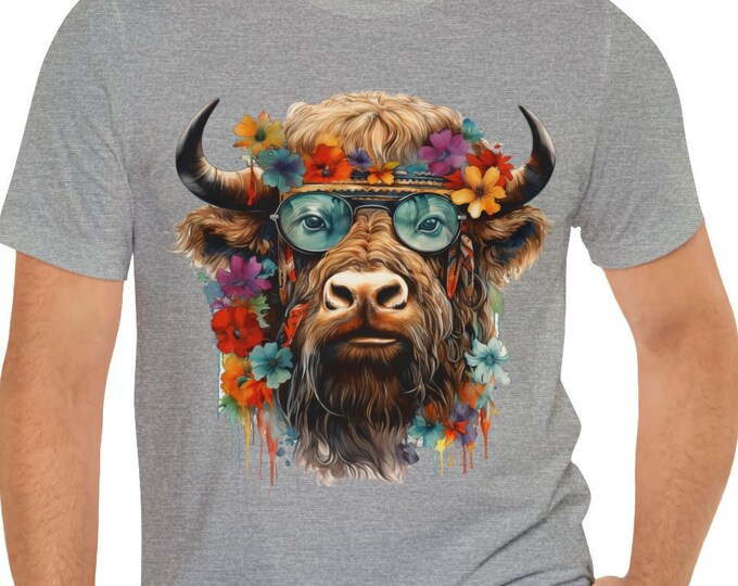 Unisex Jersey Short Sleeve Tee, Boho Hippie Buffalo Bison Tee Shirt, Bohemian Apparel, Unisex Cotton Tee, S-3XL Sizes, Animal Shirt