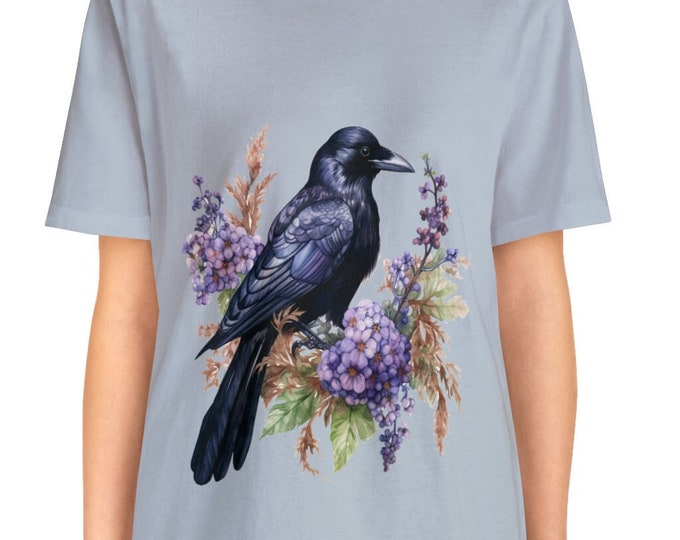Unisex Jersey Short Sleeve Tee, Boho Hippie Floral Raven T Shirt, Bohemian Apparel, Unisex Bella Canvas 3001 Cotton Tee, S-3XL, Raven Shirt