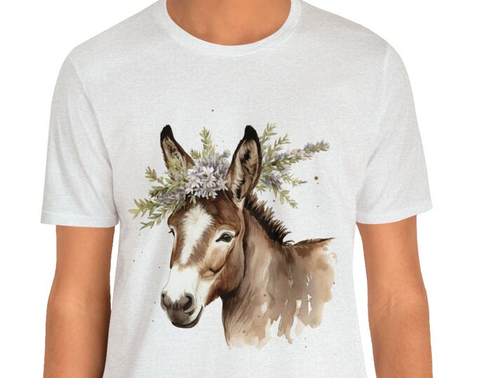 Unisex Jersey Short Sleeve Tee, Boho Hippie Farm Donkey Floral T Shirt, Bohemian Apparel, Unisex Bella Canvas 3001 Cotton Tee, S-3XL Sizes