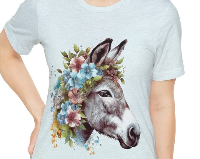 Unisex Jersey Short Sleeve Tee, Boho Hippie Farm Donkey Floral T Shirt, Bohemian Apparel, Unisex Bella Canvas 3001 Cotton Tee, S-3XL Sizes