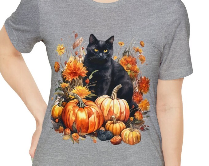 Unisex Jersey Short Sleeve Tee, Boho Witchy Black Cat Floral T Shirt, Bohemian Apparel, Unisex Bella Canvas 3001 Cotton Tee, S-3XL Sizes