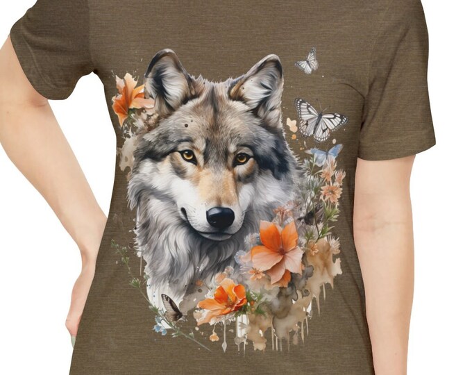 Unisex Jersey Short Sleeve Tee, Boho Floral Grey Wolf Tee Shirt, Bohemian Apparel, Unisex Cotton Tee, S-3XL Sizes, Flowers Wolf Shirt